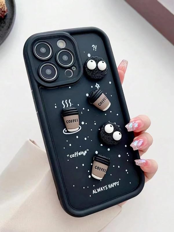 Image of COVERLY Back Case Cover Compatible with iPhone 15 Pro Max | Cute Fun Cartoon Characters 3D Ball Coffee Cookies Silicone Case | Body Protection | 360 Camera Protection | Shock Proof | (Happy Black)