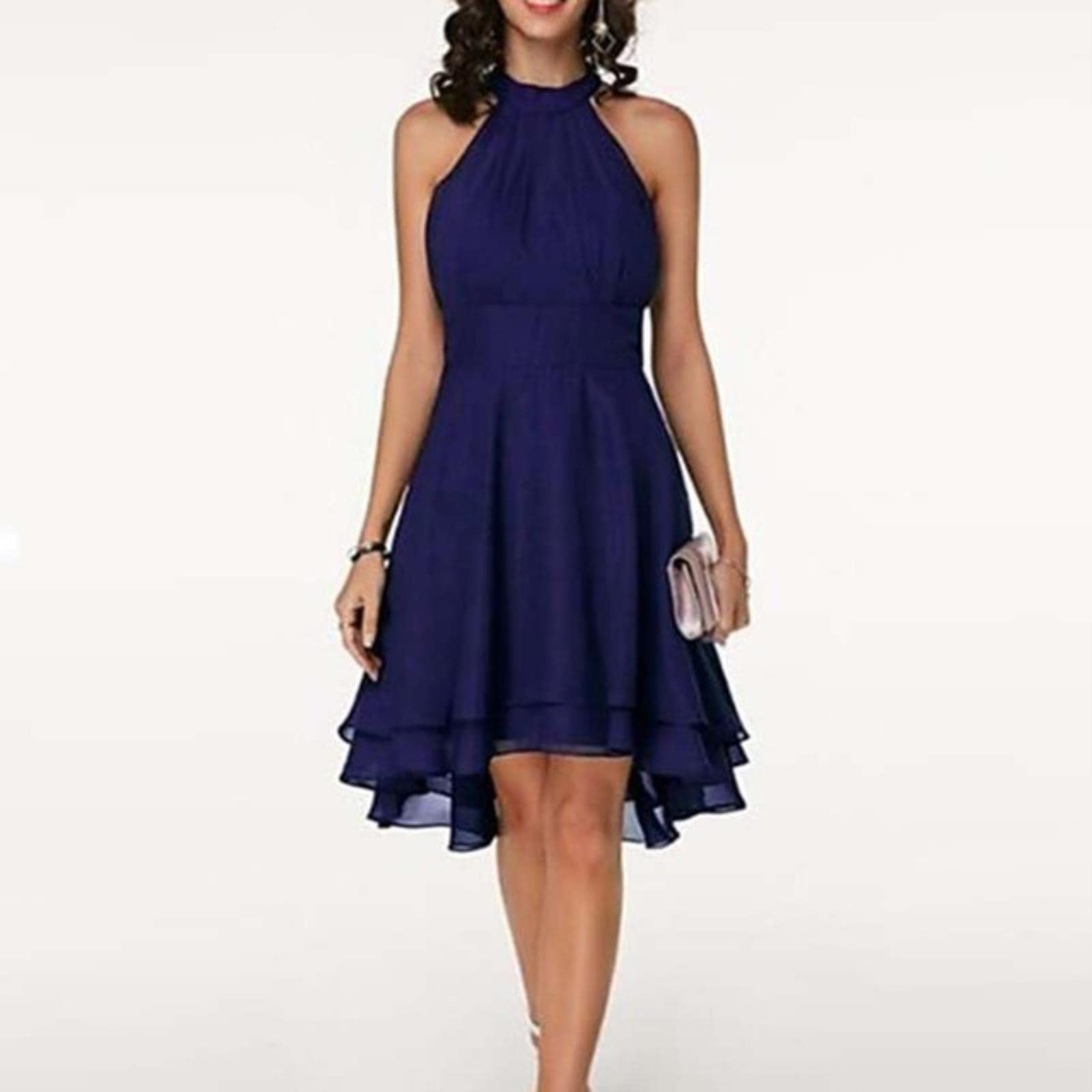 Vestito Dress da Donna Elegante Halter Halter Senza Maniche Potato A Strati Mobili Vestito Midi Estate in Chiffon Tinta Unita A Vita Alta A Vita Alta Abiti da Festa