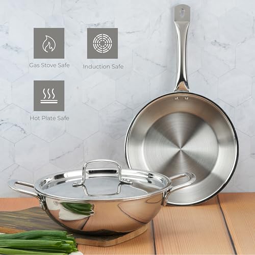 Lifelong Triply 3 piece cookware Set| 22cm Fry Pan (1.25L) & 22cm Triply Kadhai (2L) with Common Steel Lid | Soft Touch Handle | Even Heat... - Image 6