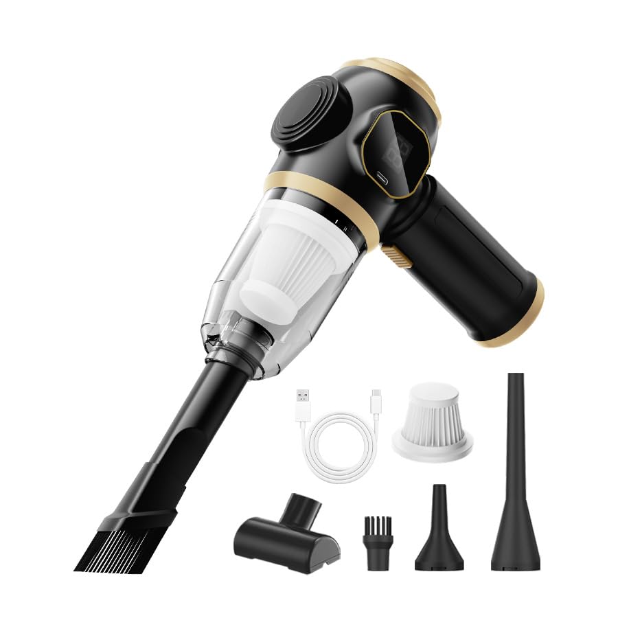 Image of Brushless Motor Portable Cordless Car Vacuum Cleaner - 25000 Pa High Power, LCD Display, Rechargeable Handheld Vacuum for Car, Home, Office | Efficiently Removes Pet Hair, Sofa (Black & Gold)