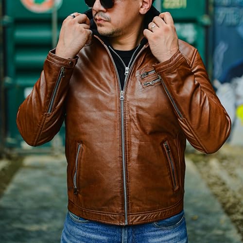 Image of Jild Hooded 2.0 Leather Jacket Men - Genuine Lambskin Leather Bomber Jacket with Removable Hood for Mens Fashion