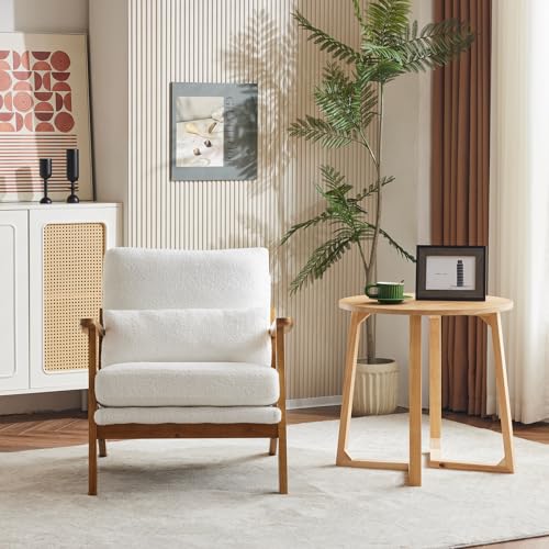 Image of Karl home Mid-Century Lounge Accent Chair, White | Wide Curved Armrest, Teddy Fleece, Lumbar Pillow Included, Solid Wood Frame, For Living Room, Bedroom, Balcony, Apartment