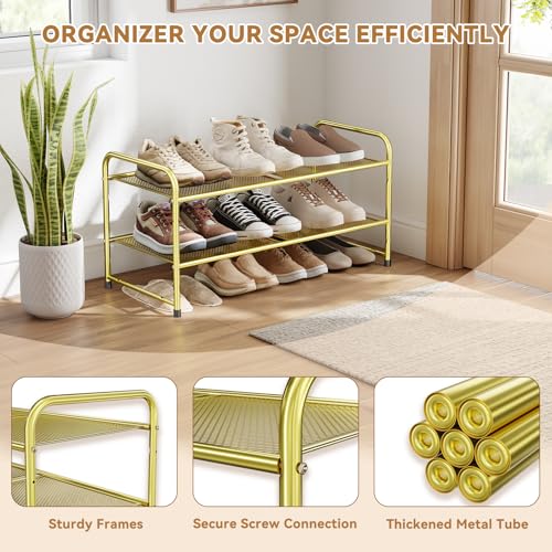Image of Modern Shoe Rack, 2 Tier Heavy Duty Metal Mesh Shoe Shelf 27 Inch Wide, Gold