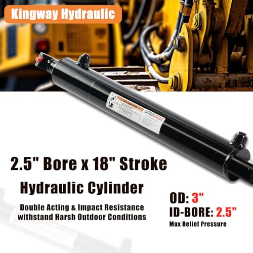 Kingway Double Acting Hydraulic Cylinder 2.5" Bore x 18" Stroke, 1" Pin Holes, SAE#8 Ports, 3000 PSI High-Pressure Welded Cylinder, Replacement Hydraulic for Tractor, Loader, Ag Equipment by KINGWAY - Image 2