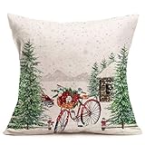 Merry Christmas Decorative Pillow Covers 18 X 18 Inch Christmas Tree with Red Bicycle Floral Decorations Cotton Linen Winter Xmas Snow Scenery Throw Pillow Case Home Sofa Cushion Covers (Xmas05)
