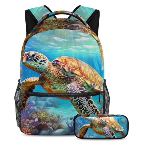 Cartable Seaworld Turtle Coral Reef grand format avec trousse scolaire pour enfant