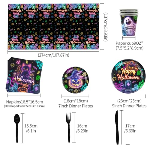 Ziricher 006-DIY 169Pcs Halloween Pumpkin Plates And Napkins Party Supplies Halloween Skull Spider Disposable Plates,Halloween Party Supplies Plates Cups Spoons Fork Napkins Tablecloth Halloween Dinnerware Sets thumb #1