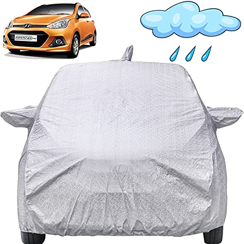 Image of Grand I10 Waterproof Car Cover with Mirror & Antenna Pockets, Shinning Silver Design, Non Woven Fabric,Triple Stitched, Compatible with Hyundai Grand I10 Car Cover (2013 to 2019), Car Accessories