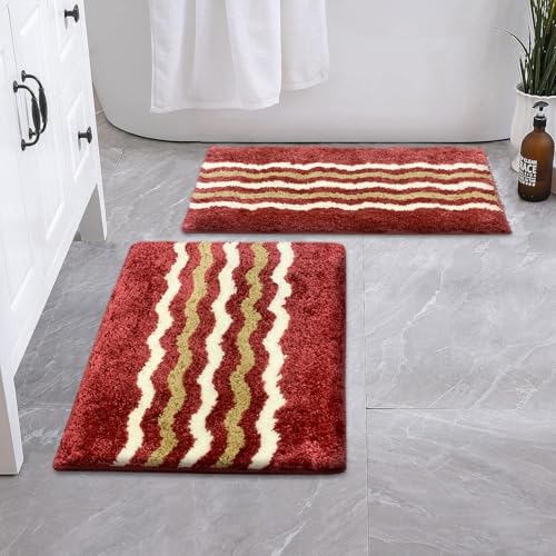 Image of Luxe Home Belgium Bath Mat Super Soft Microfiber 2200 GSM Bathroom Mats Water Soak Anti-Skid Door Mats for Home Combo, Bedroom, Floor Mat 38x58 cm (Cherry) Pack of 2
