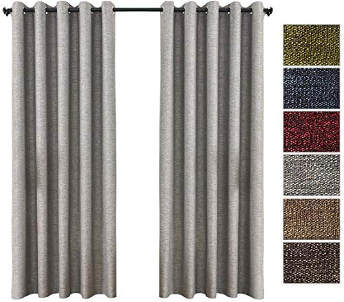 QINUO HOME Faux Linen Blackout Curtains 90x90 - Theraml Insulated Eyelet Curtains for Bedroom Silver Grey, Set of 2 Panels