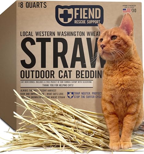 Wheat Straw for Cat Shelter Bedding 8 Quarts (1.5 lbs) Fresh Raw USA Wheatstraw from Local Washington State Farm and Bonus 8g Catnip with Silvervine – Box Stuffed for Outdoor Feral or Indoor Pet Hay