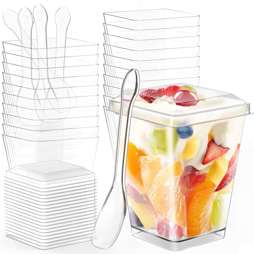 TLAZZ 20 Pack 5 Oz Plastic Dessert Cups with Lids and Spoons Yogurt Parfait Appetizer Cups for Party Clear Mini Dessert Shooter Cups with Spoons for Pudding Fruit Trifle Ice Cream