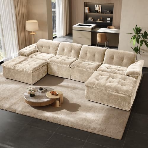 Image of 157 inch Oversized U Shaped Sectional Cloud Couch, Large Modern Cloud Sectional Couch with Ottoman, Chenille 6 Seat Sofa Set, Modular Sectional Sofa for Living Room, No Assembly Required, Coffee