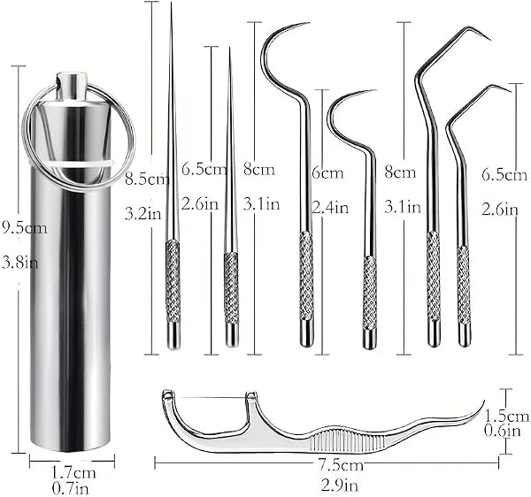 Set di stuzzicadenti portatili in acciaio inox, 7 pezzi, con tubo organizer, riutilizzabili, durevoli, inodori, ideali per viaggi, casa, cucina, ufficio, elegante finitura metallica - 3