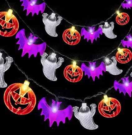Halloween Decoration String Lights, 20 LED 3D Pumpkin Ghost Bat Lights- Battery Operated with Remote & Timer, Indoor Outdoor String Lights for Garden, Window,Porch Halloween Decor (20 Lights/3m)