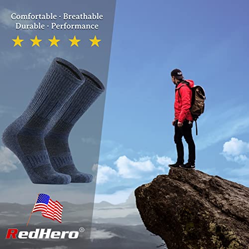 Redhero Men's Merino Wool Cushion Crew Socks Outdoor Hiking Hiker With Light Breathable Performance Moisture Wicking Control(Denim L) #TOP2