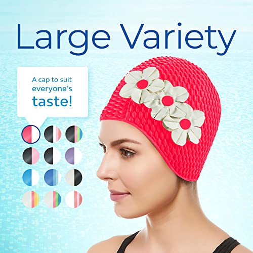 Beemo Swim Bathing Caps For Women Latex Triple Flowers-Pink W/White Flowers #TOP5