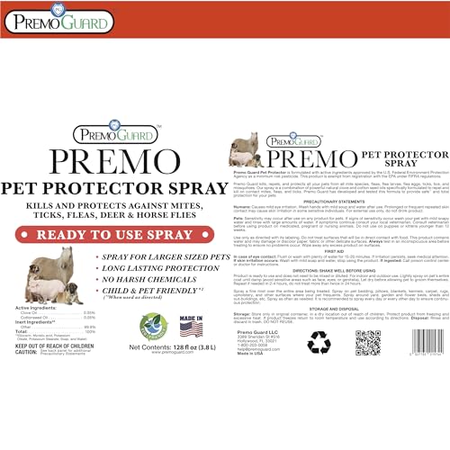 Pet Protector by Premo Guard 128 oz – Mite, Flea, Tick, & Mosquito Spray for Dogs, Cats, & Other Pets – Natural Plant Based Protection for Control, Prevention, & Treatment