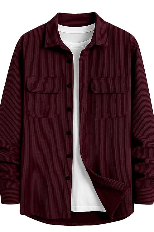 Image of DEELMO Men's Cotton Polyester Corduroy Shirt with Textured Pattern Spread Collar Full Sleeves Dual Pocket Front and Button Down Closure | Textured Shirts for Men | Shirts for Men Stylish