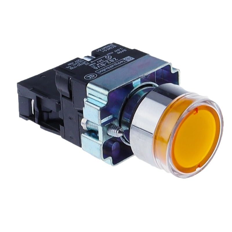 BIK 22mm Momentary XB2-BW3361 Round Push Button Switch with LED Light 1NO 24V/AC220V/AC380V Green,Red,Yellow,Blue ZB2-BE101C(Yellow,24V)
