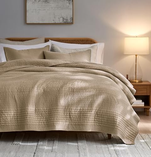Image of palassio Striped Dark Beige 100% Cotton Quilt Queen Size Bedding Sets, Lightweight Crinkly Channel Pick Stitch Textured Bedspread Soft Shabby Chic Farmhouse Country Coverlet for All Season, 2 Shams