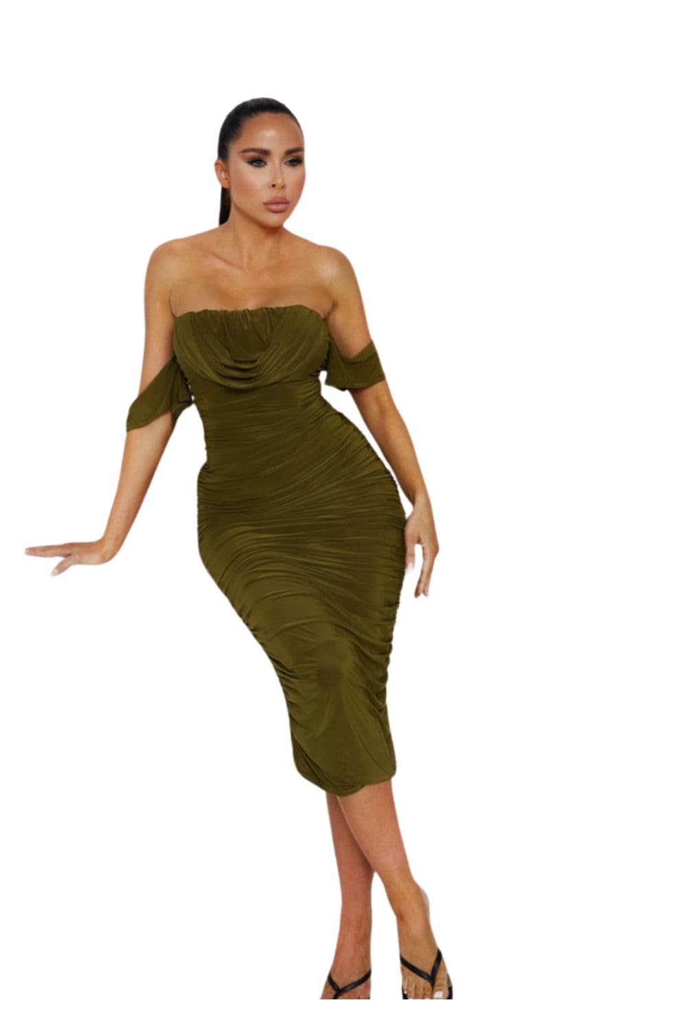 Femme Luxe Bardot Cowl Neck Ruched Midi Dress-Malia - Olive - 8