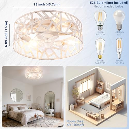 Image of Flush Mount Fandelier Ceiling Fan with Lights and Remote, 18 inch Caged Ceiling Fan with Light Vintage White, Farmhouse Ceiling Fans for Bedroom, Kitchen, Living Room