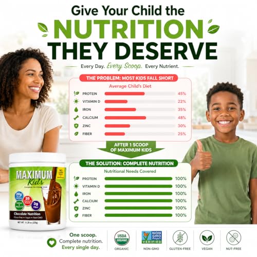 Image of Maximum Kids Complete Organic Powder Mix. Great Tasting, Easy to use, Complete Nutritional Drink with 26 Vitamins and Minerals, 20g of Plant Protein, 3g of Fiber. Kid Tested. Parents Approved.