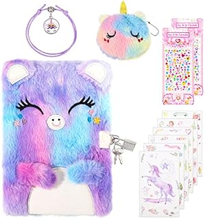 Dacitiery Secret Diary for Girls, Plush Journal Notebook with Lock, Furry Unicorn Coin Purse, Stickers, Bracelets Gift for Kids Girls Boys