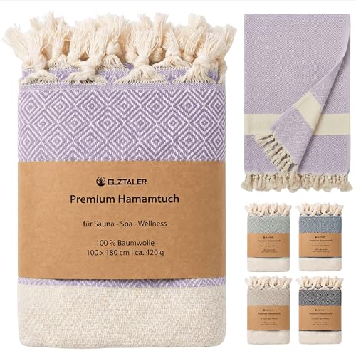 ELZTALER Hamamtuch 180x100 cm aus 100% Baumwolle – Saunatuch/Saunahandtuch & Strandtuch – Leicht, saugstark & schnelltrocknend – Peshtemal (Fliederlila)