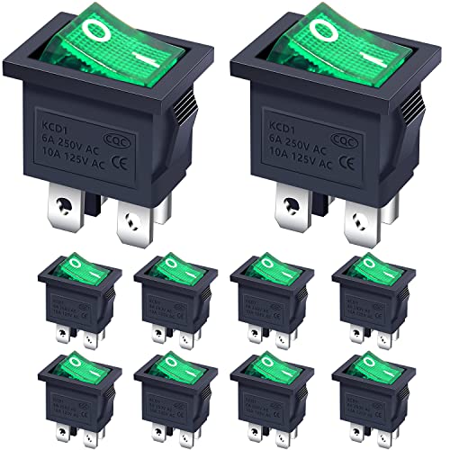 Taiss 10 pezzi interruttore a bilanciere 2 posizioni DPST ON OFF 4 Pin Mini Interruttore a Levetta con verde Luce a LED 10A 220-250VAC Universale,per Auto,Camion,Elettrodomestici KCD1-4-201N-G