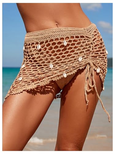WDIRARA Women's Hollow Out Crochet Beach Cover Up Skirt Drawstring Front Coverups2