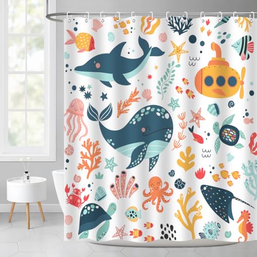 Image of Kids Cartoon Ocean Shower Curtain Cute Fish Sea Turtle Whale Dolphin Funny Underwater Submarine Animal Sea Life Children Home Bathroom Decor Waterproof Fabric 72Lx60W Inch with 12PCS Hooks