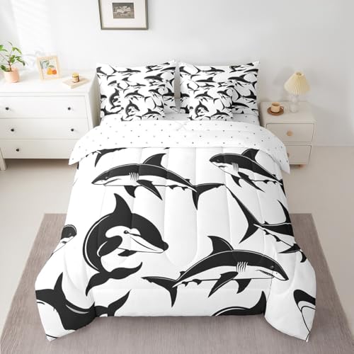 Feelyou Shark Animal Queen Size Bed in A Bag 7 Pieces Underwater Whale Comforter Sets with Sheets All Season Sea Fish Bedding Sets with Comforter, Pillowcases, Sheets Set,Cushion Cover