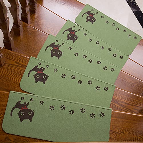 LC-JAPAN 階段マット 滑り止め 防音 ズレない 洗える 折り曲げ付 15枚入 自由にカットでき 安全対策 子供 年寄りに最適 可愛い おしゃれ ペット 猫 黒猫柄 (10枚, グリーン)