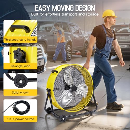 Image of Albott 24 Inch Industrial Floor Fan, High Velocity Drum Fan with 3 Speeds, Heavy Duty Metal Shop Fan with Wheels for Warehouse, Workshop, Garage, Factory Use