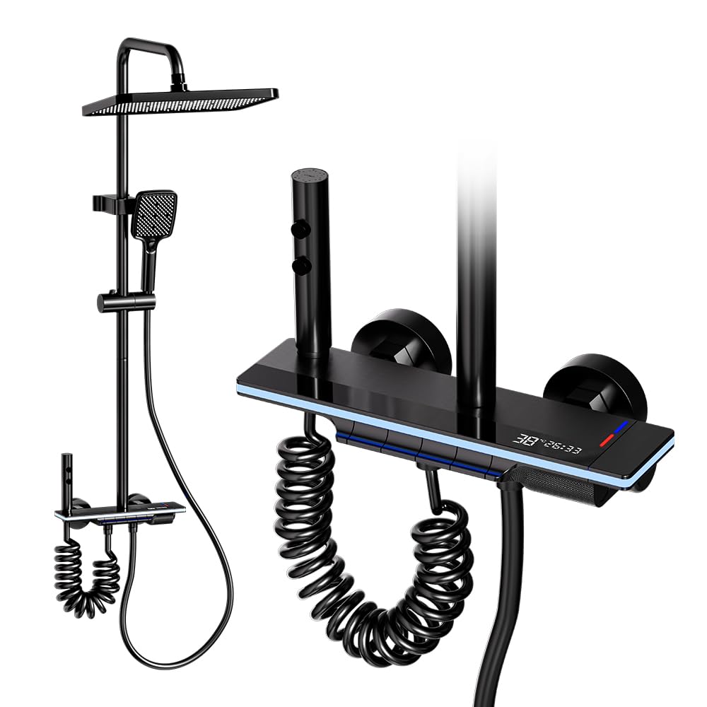 Duschkopf mit LED-Temperaturdisplay, 4 Strahlarten - kalkabweisend, hoher Druck, Messingmassiv und integriertes Ablagefach (black)