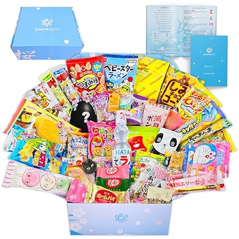Sakura Box Japanese Candy & Snacks Dagashi Set & Pamphlet 50 Pieces Japanese Food Gift Box Cover