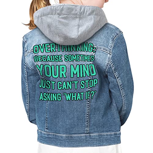 Overthinking Hooded Denim Jacket for Kids - What If Jean Jacket - Quotes Printed Denim Jacket for Kids