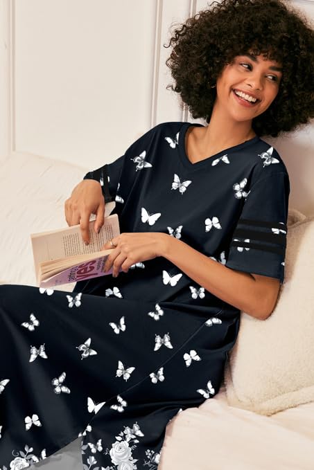 Image of Ekouaer Long Nightgown, Womens V Neck Loungewear Oversized Sleepwear Loose Sleep Dress S-4XL