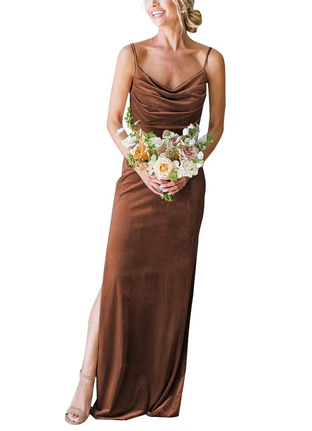 UZN Cowl Neck Velvet Bridesmaid Dresses Long for Women with Slit Spaghetti Straps Formal Party Gowns