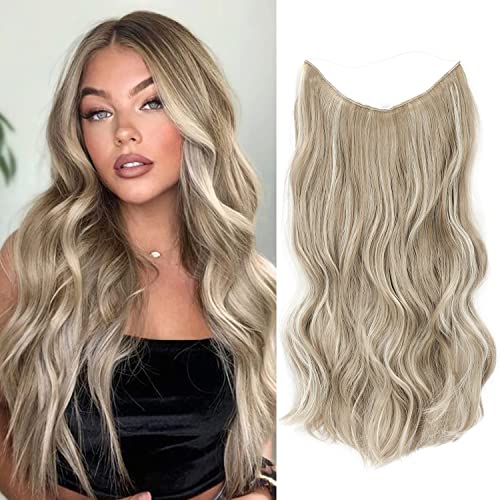Invisible Wire Hair Extensions Long Wavy Hair Extensions with Transparent Headband Adjustable Size 2 clip Fish Line Secret Synthetic Hairpieces for Women