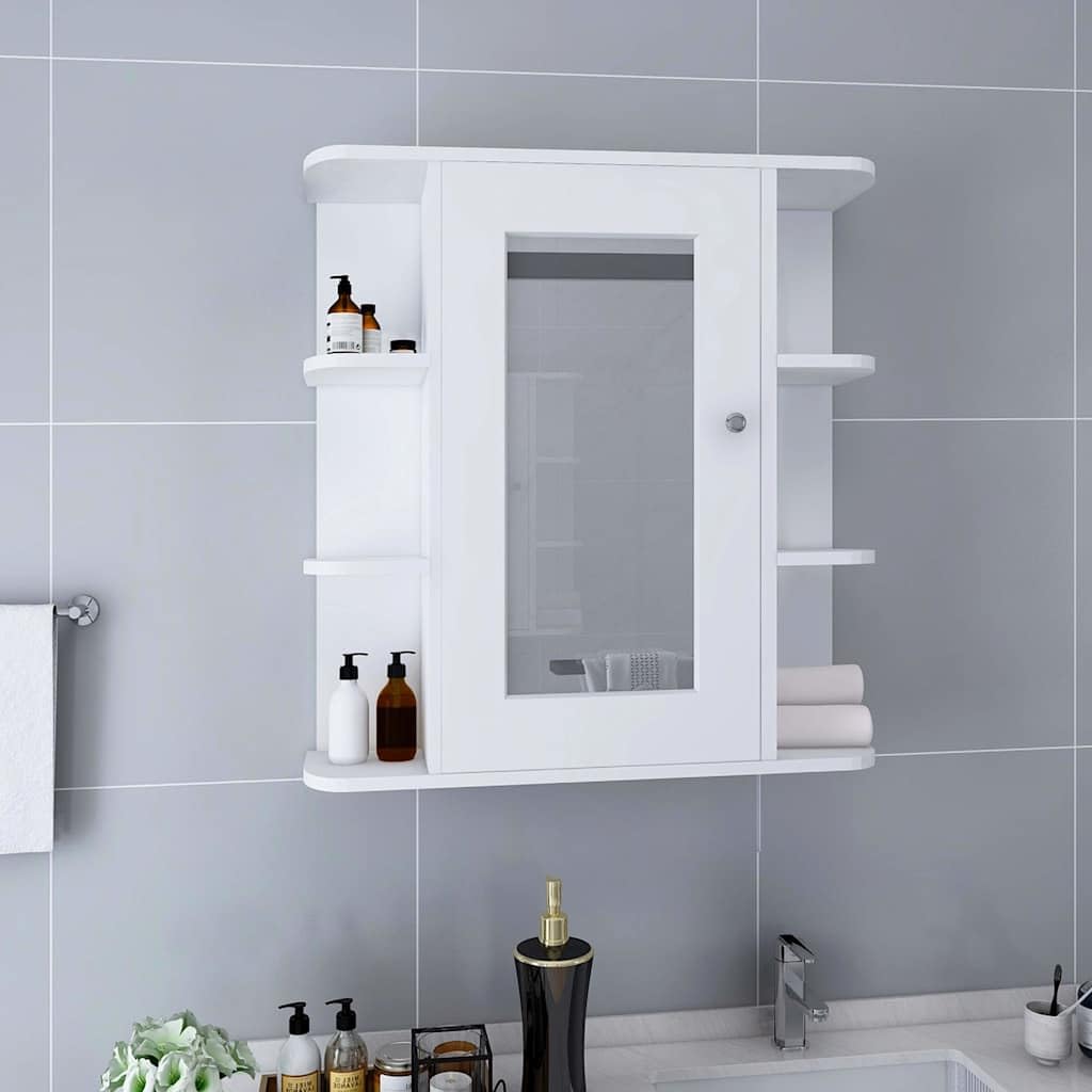 SYDE Armario de Baño con Espejo Blanco 66x17x63 cm | MDF y Vidrio, 1 Puerta, 8 Compartimentos, Almacenaje para Aseo