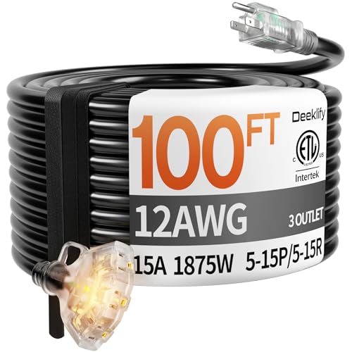 Deeklify 100 ft 12 Gauge Heavy Duty 3 Outlet Extension Cord Splitter with Indicator Waterproof Outdoor Extension Cord with Multiple Outlets 15A 1875W for Home & Workshop ETL Listed Black SJTW