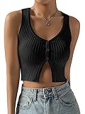 COZYEASE Women's Button Front Ribbed Knit Crop Tank Top Scoop Neck Sleeveless Casual Plain Crop Top Black M