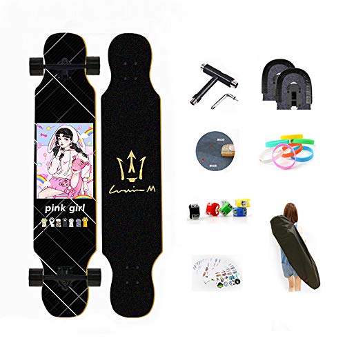 WRISCG Longboard Tabla Completa 107cm x 25cm 8 Capas de Madera de Arce Skateboard, Rodamientos ABEC Alta velicidad, 70x51mm Ruedas de PU, Drop-Through Freeride Skate Cruiser Boards,A