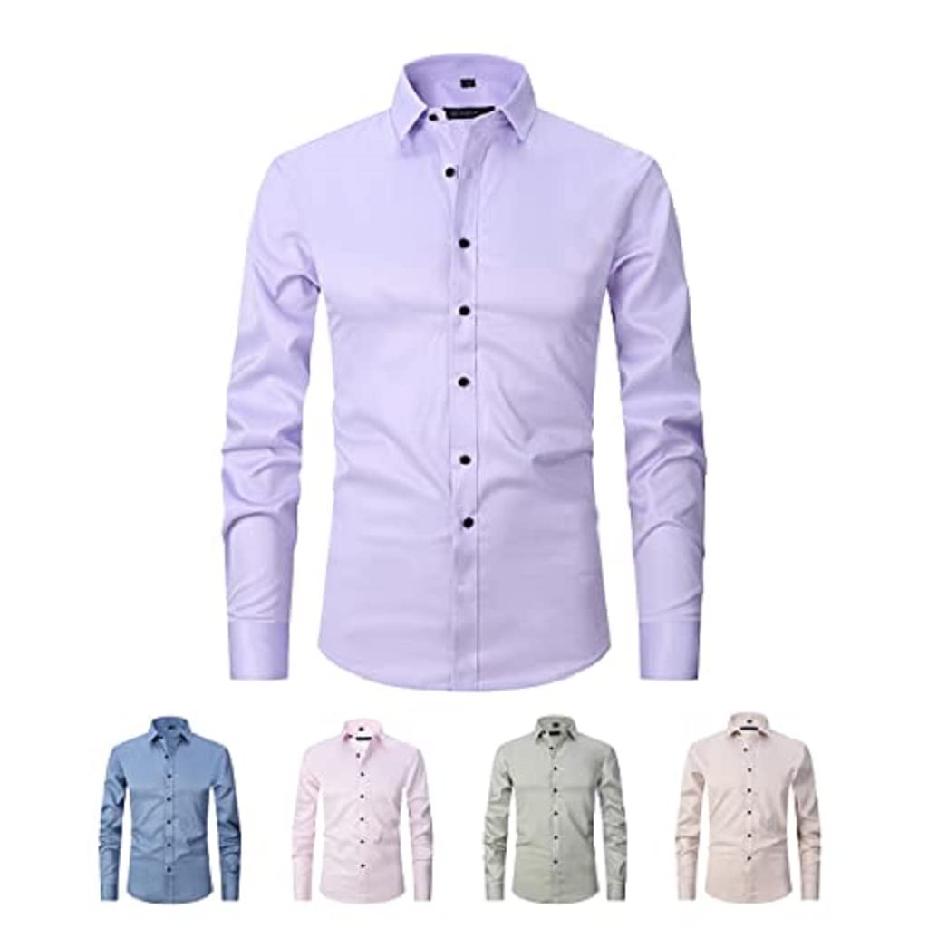 Sopaeduon Camisa elástica Antiarrugas, Camisa elástica de Manga Larga para Hombre con Botones, Ajuste Delgado, Camisa Informal Formal de Negocios