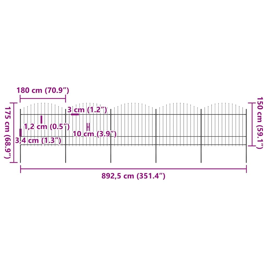 Ogrodzenie ogrodowe z grotem włóczni ze stali, kolor czarny, 892,5 x 175 cm, 5 elementów ogrodzenia i 6 słupków, dekoracyjne ogrodzenie ogrodowe, stabilne ogrodzenie ogrodowe do ogrodu i działki