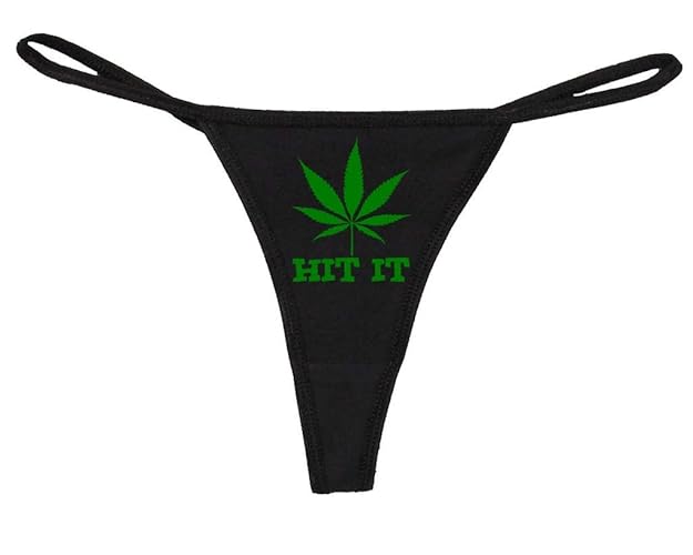 Knaughty Knickers Women's Hit It With Marijuana Pot Weed Leaf Funny Thong - Large - Black/Green