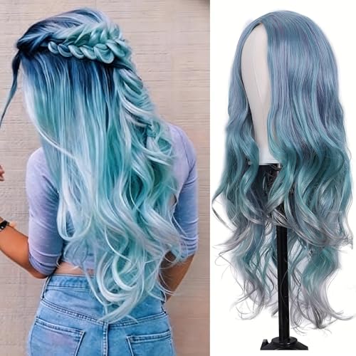 HTTDSLF 28 Zoll/70 cm Blau Perücke Lange wellige Perücken für Frauen Farbverlauf Lange Lockige Faser Synthetische Perücke Natürlich Haare Damen Locken Wavy Wig für Party Täglich Cosplay Kostüm